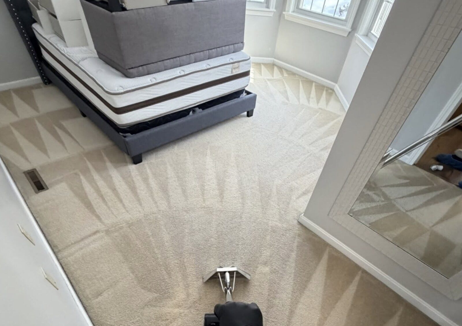 Extraction wand cleaning carpet, clean lines visible
