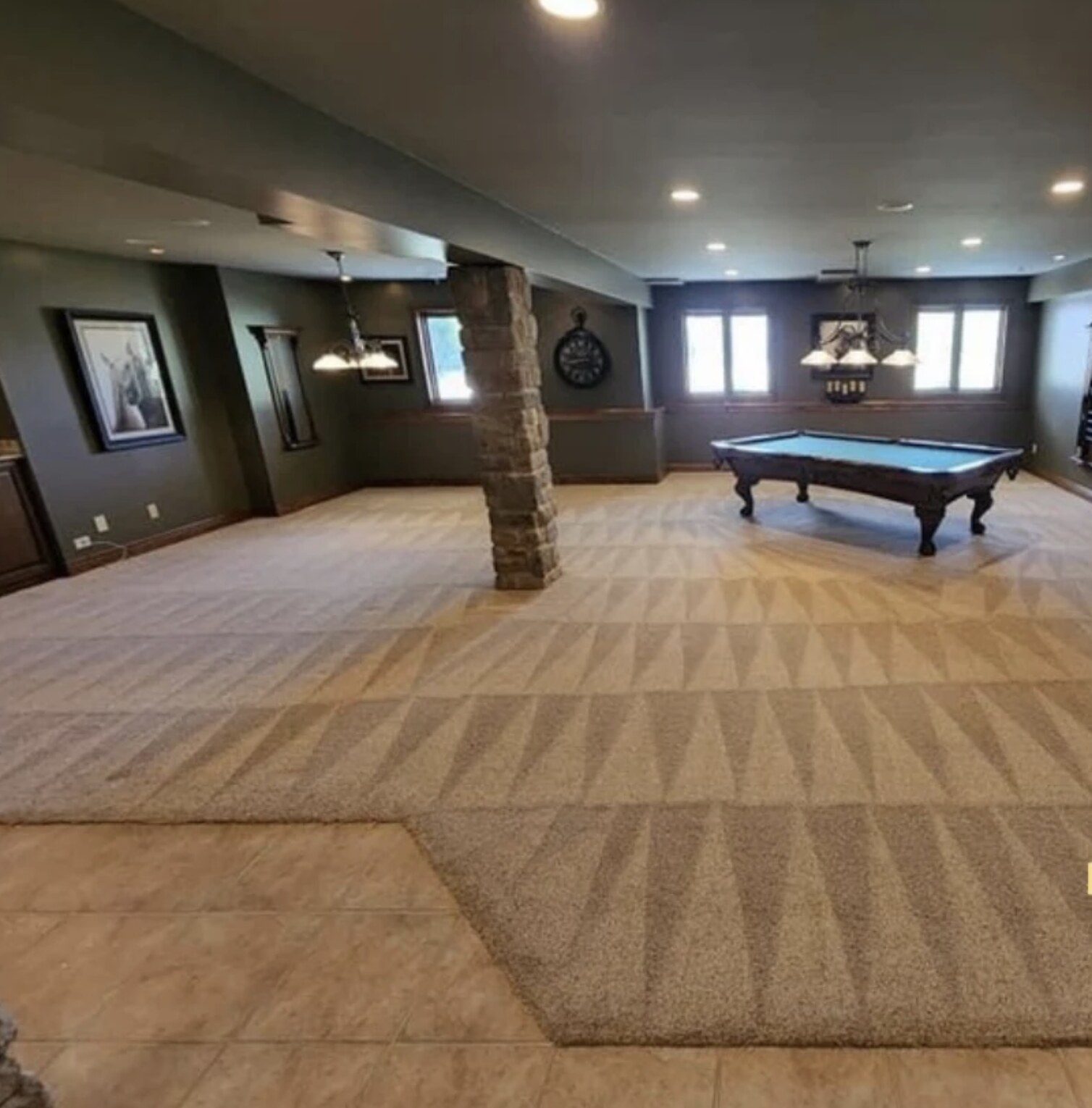 Large recreation room carpet after professional cleaning