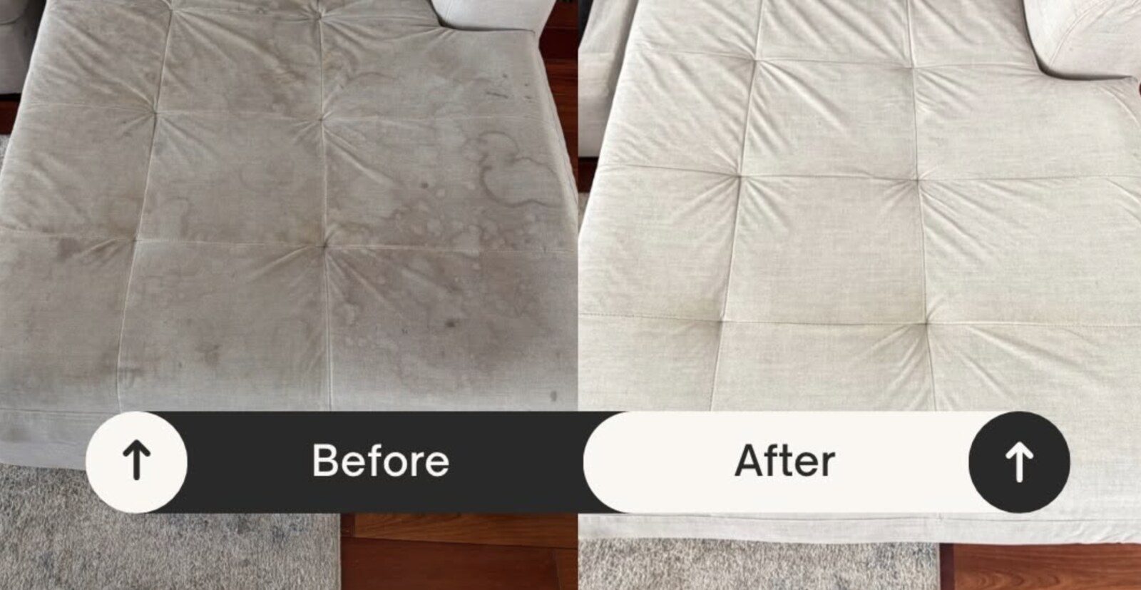 Before and after of a water-stained chaise professionally cleaned in a Connecticut home