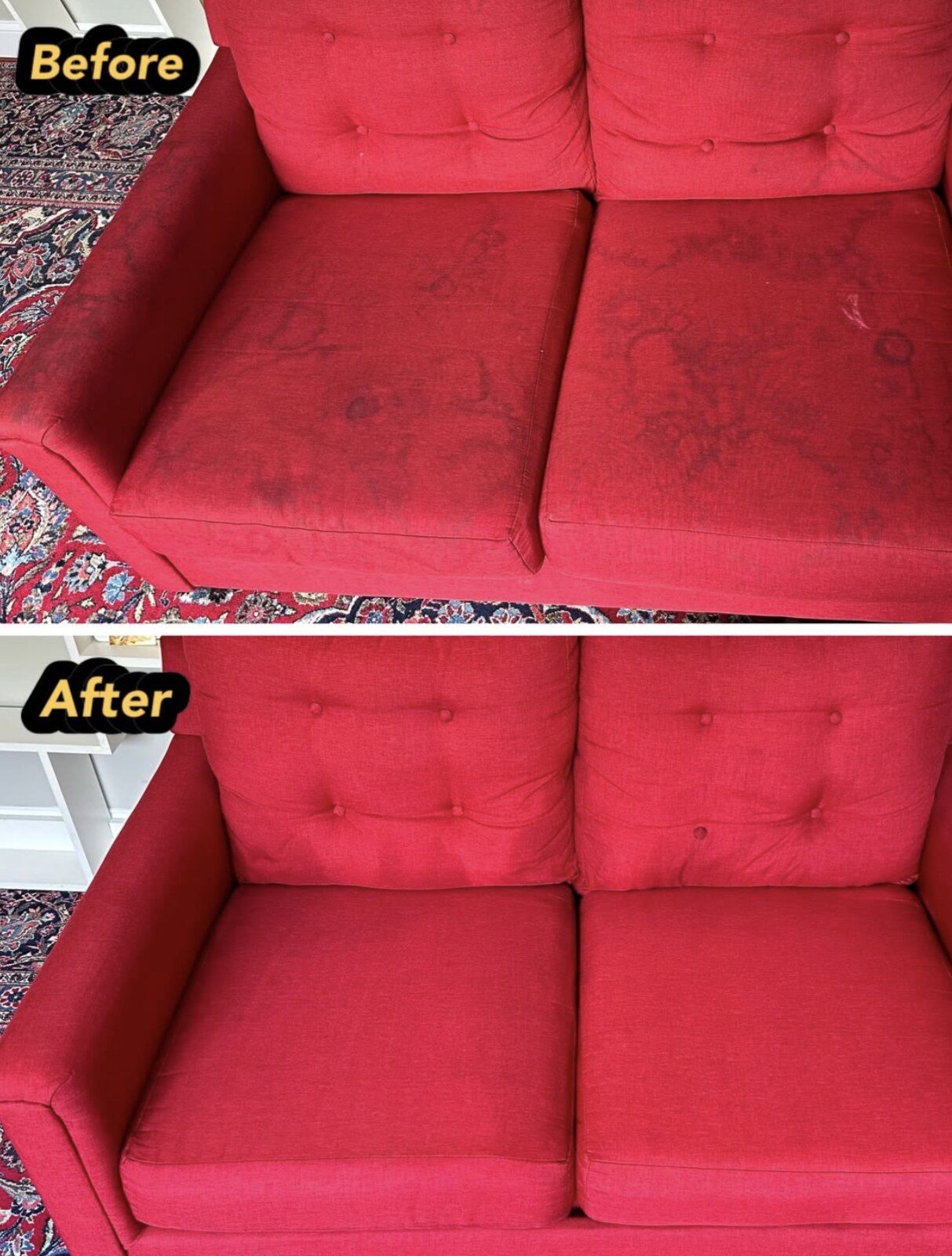 Red sofa before and after Diniz cleaning